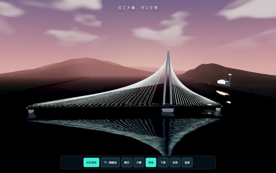 淡江大橋・黃昏：落日後的暮色，沿著橋望向遠方。