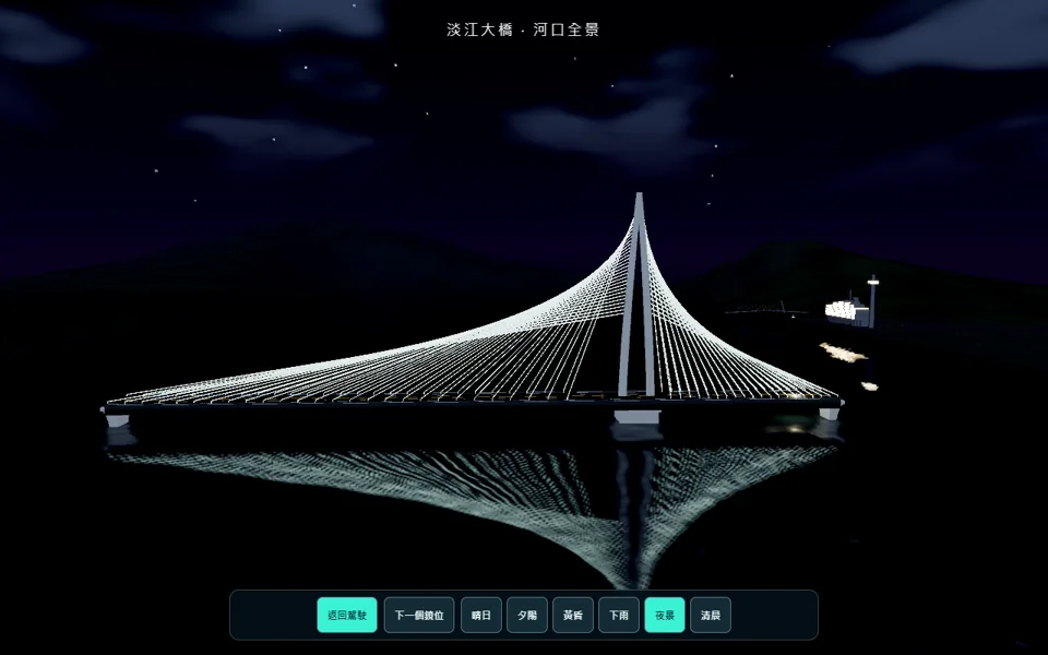 淡江大橋・夜景：橋燈亮起，河面映著塔身與燈光。